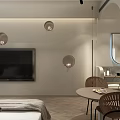 Hotel Room Interior With Twin Beds Textured Accent Wall Wooden Flooring And Potted Plant