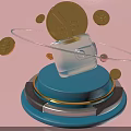 Transparent Cube With Yen Symbol On Blue Base And Orbiting Gold Coins