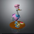 Cute Duck Wearing Pink Chef Hat And Apron With Kitchen Items On Wooden Base