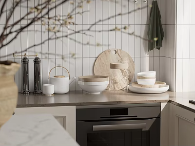 Minimalist Modern Kitchen Countertop With Teapot Bowls Cups And Cutting Board 3d model