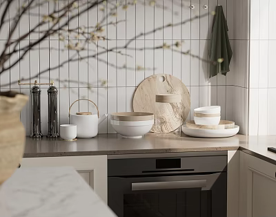 Minimalist Modern Kitchen Countertop With Teapot Bowls Cups And Cutting Board 3d model