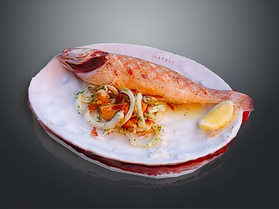 Grilled Whole Fish On White Plate With Lemon Slice Onion Slices And Vegetables 3d model