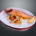 Grilled Whole Fish On White Plate With Lemon Slice Onion Slices And Vegetables