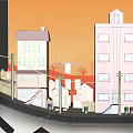 Cartoon Style Urban Scene With Colorful Buildings Sloped Street And Street Lamps