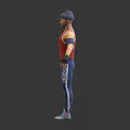 3D Character Model in Three Angles With Red Tank Top Blue Sweatpants Cap and Wristbands