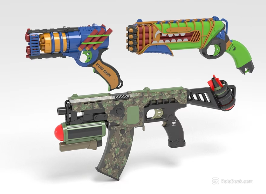 Assorted Colorful Toy Guns Featuring Blue Green Camo Patterns And Playful Designs 3d model 