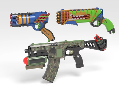 Assorted Colorful Toy Guns Featuring Blue Green Camo Patterns And Playful Designs 3d model