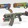 Assorted Colorful Toy Guns Featuring Blue Green Camo Patterns And Playful Designs