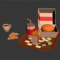 Fast Food Tray Setup With Open Burger Box Fries Drink Coffee Croissant And Checkered Mat