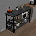 Kitchen Storage Shelf with Gray Marble Countertop Fresh Fruits Spices Microwave Dishes and Baskets