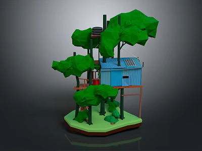 Modern cartoon building wooden house big tree house 3d model