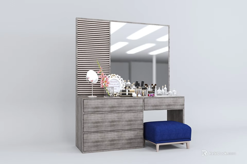 Modern Gray Dressing Table With Striped Panel Large Mirror Cosmetics Vanity Lamp And Blue Stool 3d model