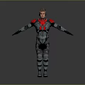 3D Armored Character Model in Red Black Metallic Armor with Arms Outstretched on Gray Background