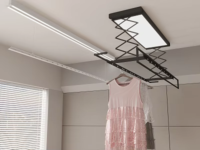 Modern Black Ceiling Mounted Clothes Hanger With Pink Dress Gray Wall And Window Blinds 3d model