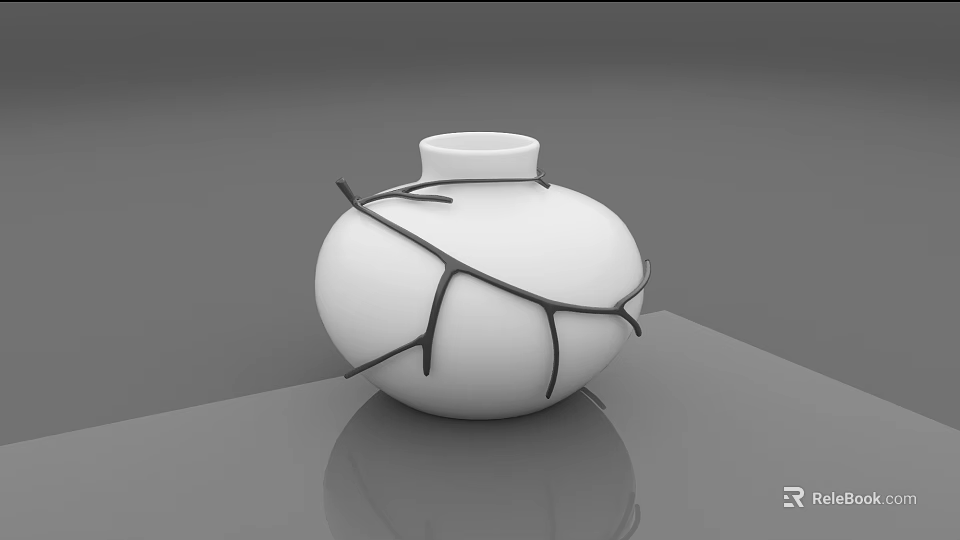 Minimalist Round White Vase With Black Branch Decorations On Gray Smooth Surface 3d model 