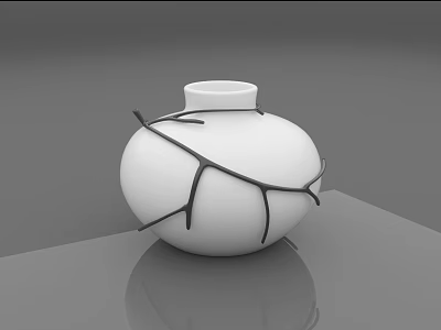 Minimalist Round White Vase With Black Branch Decorations On Gray Smooth Surface 3d model