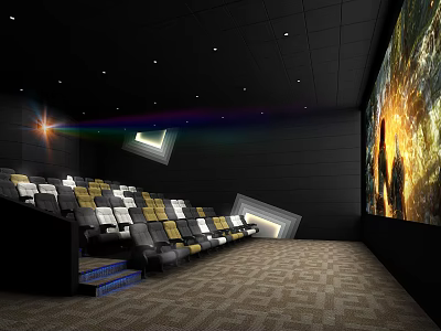 Modern Cinema Interior With Comfortable Seats Large Screen And Ambient Lighting 3d model