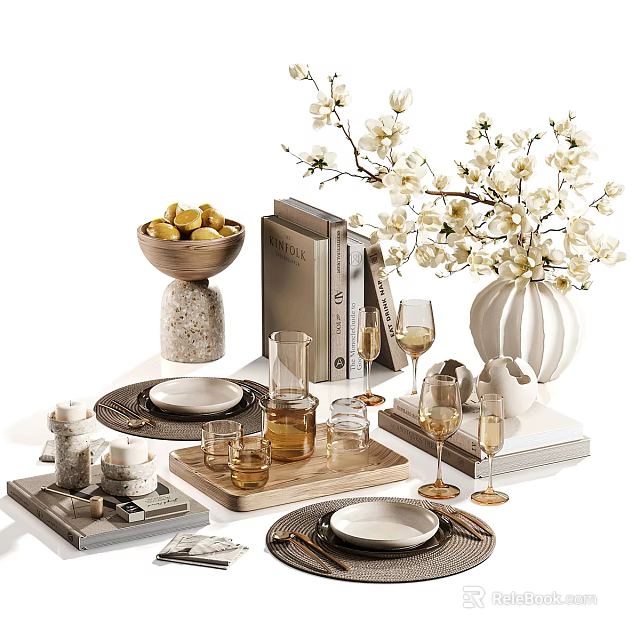 Elegant Tableware Set with Plates Wine Glasses Fruit Bowl Wooden Tray and Books 3d model 