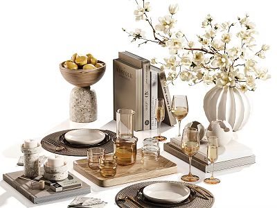 Elegant Tableware Set with Plates Wine Glasses Fruit Bowl Wooden Tray and Books 3d model