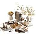 Elegant Tableware Set with Plates Wine Glasses Fruit Bowl Wooden Tray and Books