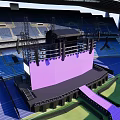 Football Stadium Featuring Arched Roof Stand Seats Purple Central Stage Green Pitch And Blue Track
