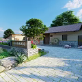Traditional Country Courtyard With Yellow House Gray Roof Lush Garden Plants Trees And Stone Path