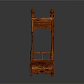 Traditional Chinese Wooden Bed With Carved Design Decorative Spires And Red Floral Fabric