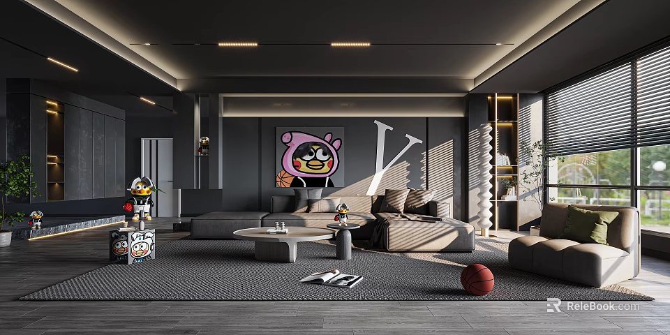 Modern Dark Living Room Interior With Sofa Coffee Table And Decorative Wall Art 3d model 