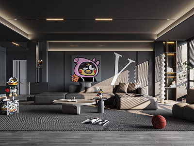 Modern Dark Living Room Interior With Sofa Coffee Table And Decorative Wall Art 3d model