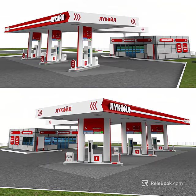 Modern Red And White Gas Station With Multiple Fuel Pumps And Service Building 3d model 