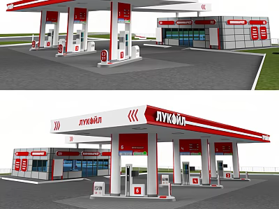 Modern Red And White Gas Station With Multiple Fuel Pumps And Service Building 3d model