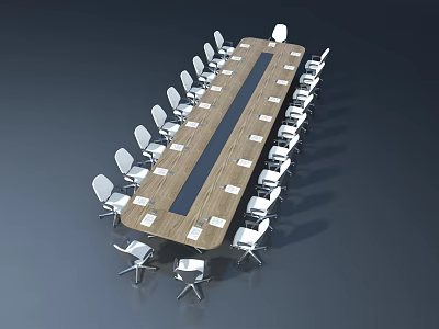 Long Wooden Meeting Table With White Chairs And Dark Center Line Design 3d model