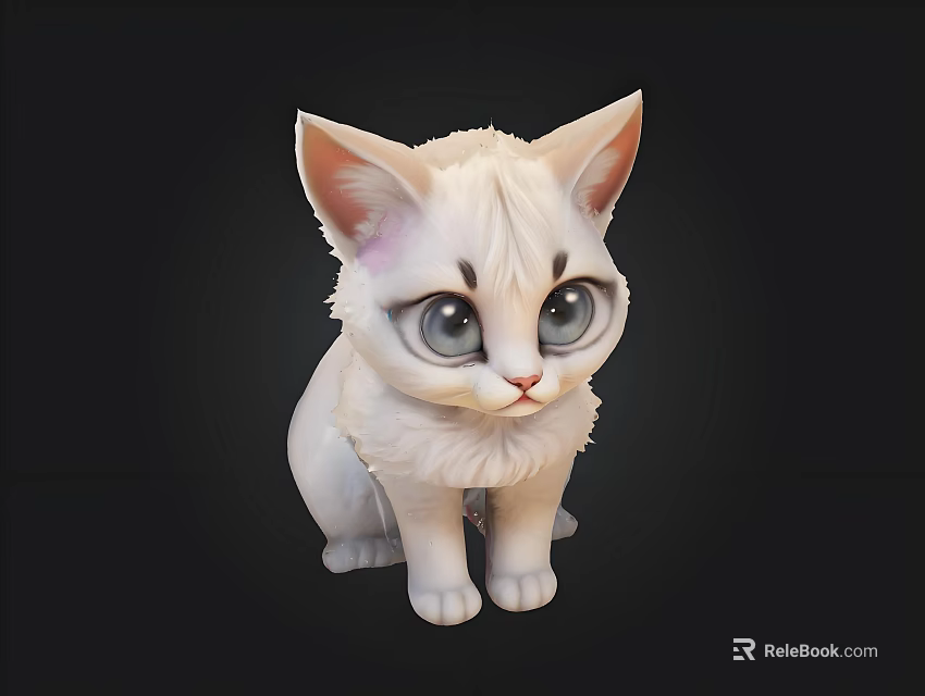 Cute White Kitten Plush Toy With Big Eyes And Fluffy Fur On Black Background 3d model 