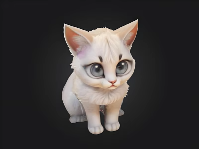 Cute White Kitten Plush Toy With Big Eyes And Fluffy Fur On Black Background 3d model