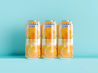 Three Cans of Orange Juice Drink with Orange Slices Design on Light Blue Background 3d model