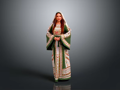 Traditional Women's Clothing In Green And White With Floral Patterns Design 3d model