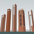Red Brick Towers of Various Heights with Clocks Blue Sky Background and Water Reflection