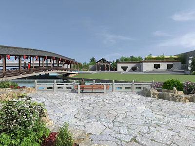 Traditional Chinese Bridge with Wooden Roof Red Lanterns Stone Path Green Lawn and Surrounding Buildings 3d model