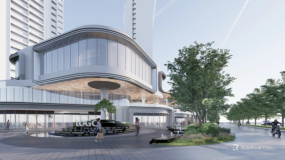Contemporary Commercial Landscape With Glass Facade Architecture Outdoor Trees Walkway And Pedestrians 3d model 
