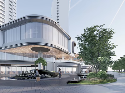 Contemporary Commercial Landscape With Glass Facade Architecture Outdoor Trees Walkway And Pedestrians 3d model