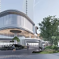 Contemporary Commercial Landscape With Glass Facade Architecture Outdoor Trees Walkway And Pedestrians