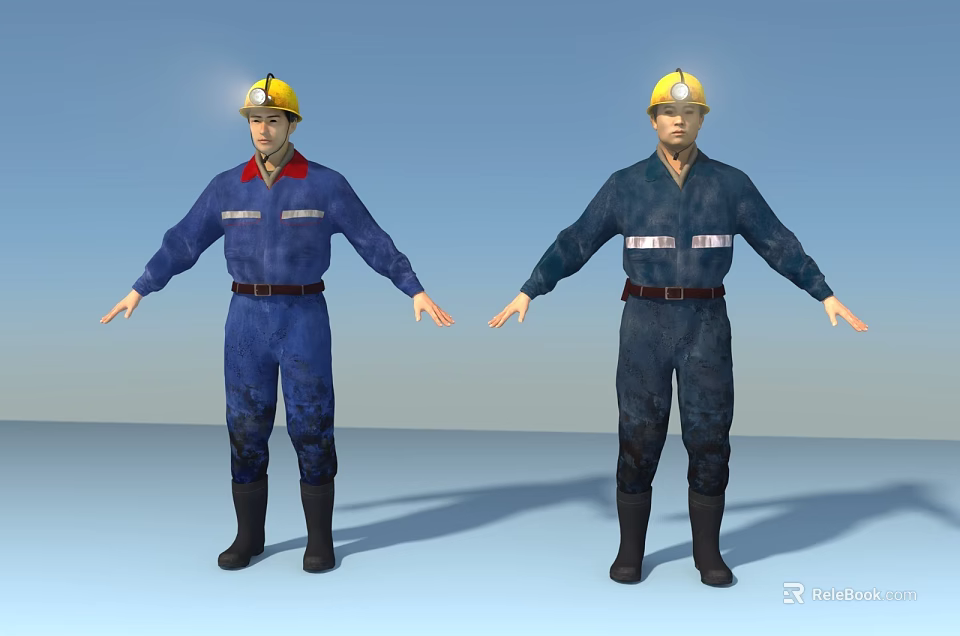 Men Wearing Blue Work Uniforms With Yellow Hard Hats In Industrial Setting 3d model 