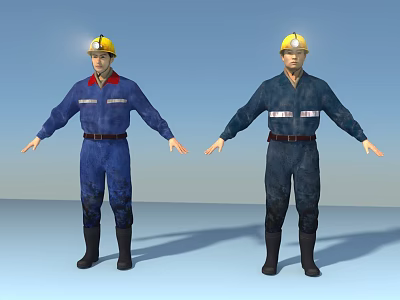 Men Wearing Blue Work Uniforms With Yellow Hard Hats In Industrial Setting 3d model