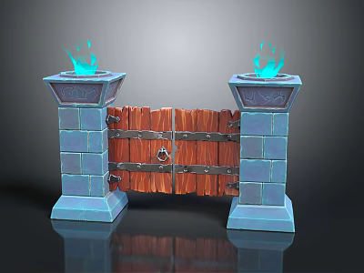 Wooden Entrance Gate With Metal Bars Lock And Blue Stone Pillars With Flame Decorations 3d model
