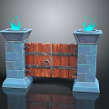 Wooden Entrance Gate With Metal Bars Lock And Blue Stone Pillars With Flame Decorations