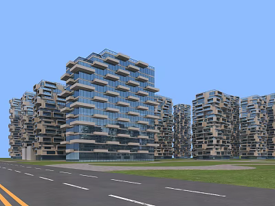 Modern Residential Towers With Unique Irregular Design And Glass Curtain Walls Near Road 3d model