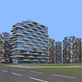 Modern Residential Towers With Unique Irregular Design And Glass Curtain Walls Near Road