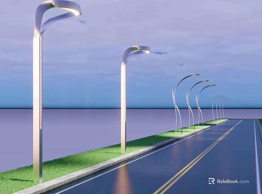 Row of Modern Curved Outdoor Lights Illuminating Roadside By Waterfront With Grass 3d model 