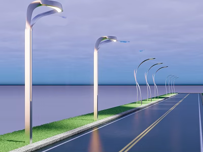 Row of Modern Curved Outdoor Lights Illuminating Roadside By Waterfront With Grass 3d model
