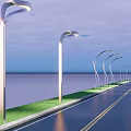 Row of Modern Curved Outdoor Lights Illuminating Roadside By Waterfront With Grass